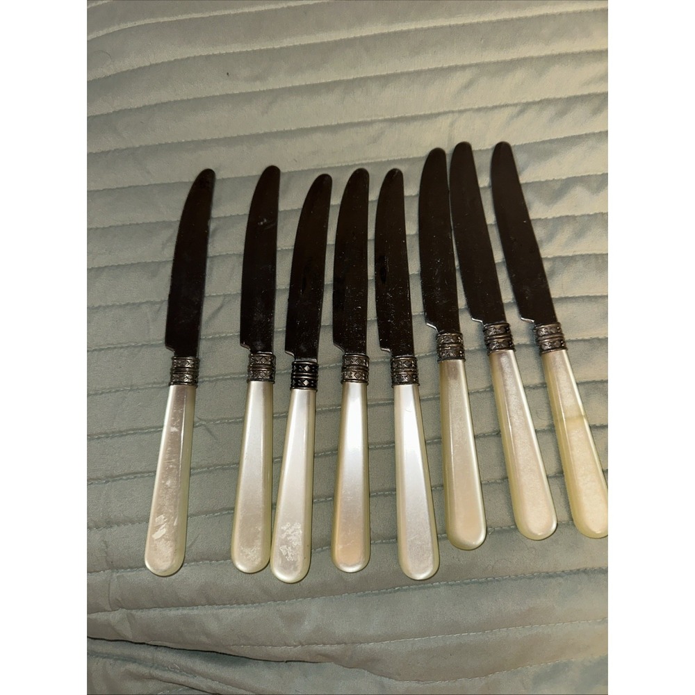 8 Lorena Butter Spreader Knife Signed MOP Ivory Color Pearl Handled Stainless